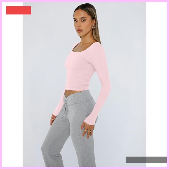 Long Sleeve Crop Top Square Neck Y2K Fall Fashion Tee - Picture 3 of 4